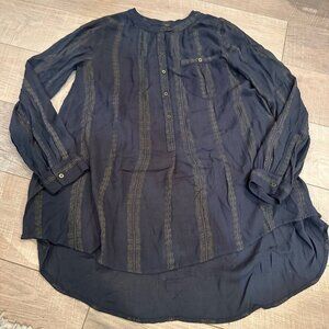 Free People XS Long Sleeve Navy Tunic Blouse W/ Button Front Rayon Material